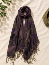Pashmina Silk Woven Rectangle Scarf Purple Black Paisley Fringe Women's