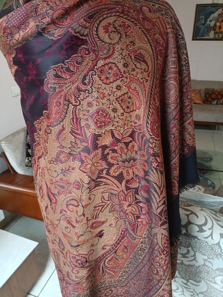 Black Jacquard Shawl Soft Wool Blend Pashmina Royal Paisley - Image 3 of 4