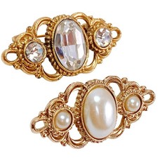 VTG 60s Lot of 2 Brooches Faux Pearl Rhinestone Victorian Revival Romantic Pins