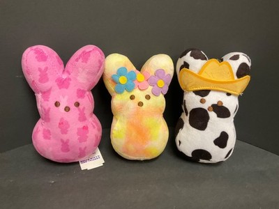 Peeps Bunnies  Small Plush Lot 0f 3 Cowboy, Flowers, Hello Kitty 6''