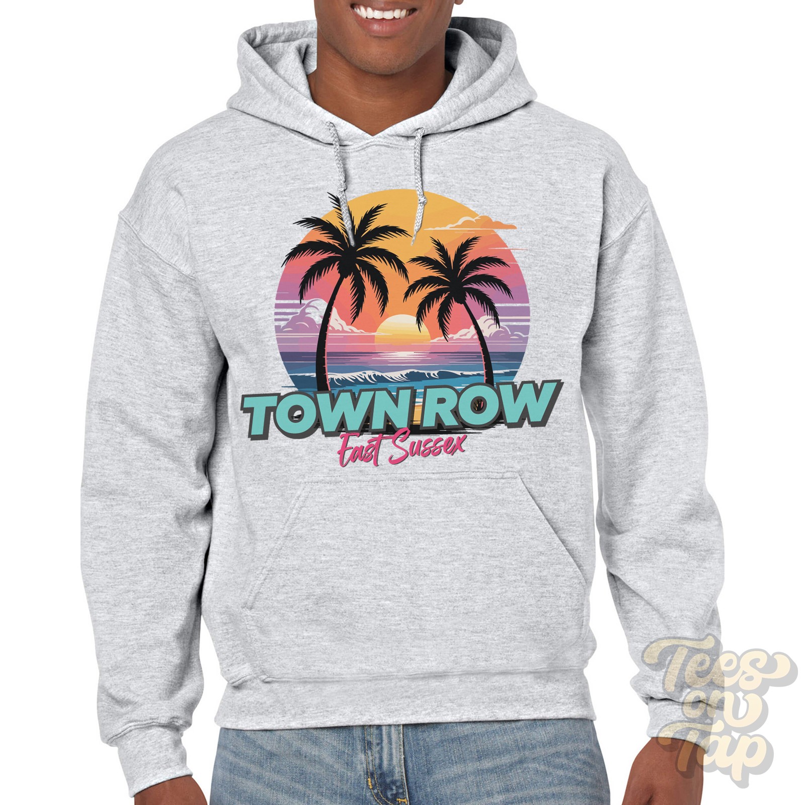 FILA FELPA CON CAPPUCCIO TOWN ROW EAST SUSSEX Retro Miami Beach Style divertente parodia estiva