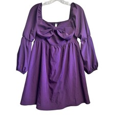 EXLURA Women's Purple Square Neck Puff Sleeve Bow Smocked Babydoll Mini Dress M