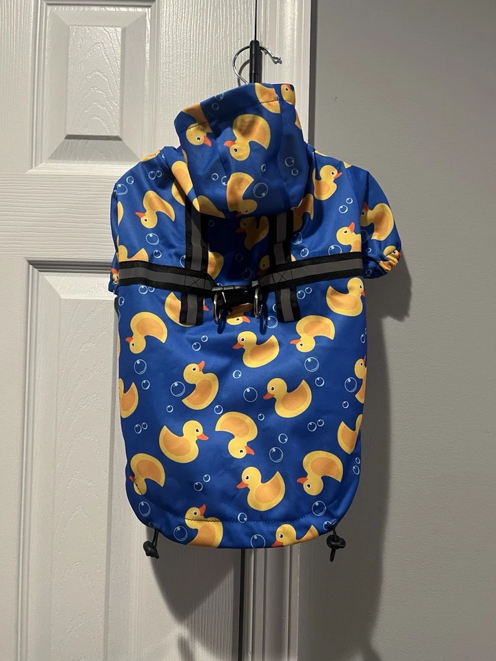 Dog Raincoat Rubber Duck Print Blue Hooded Reflective Harness Size Medium - Image 1 of 4