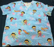 Dora The Explorer V-neck Blue Nurse Medical Scrub Uniform Top Women’s XL