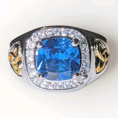 Classic Bright Men's Lab-Created Diamond Sapphire Ring with Golden Accents Sz 13