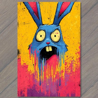 Art Print Blue Screaming Bunny Dripping Paint Yellow Pink Splatter Graffiti