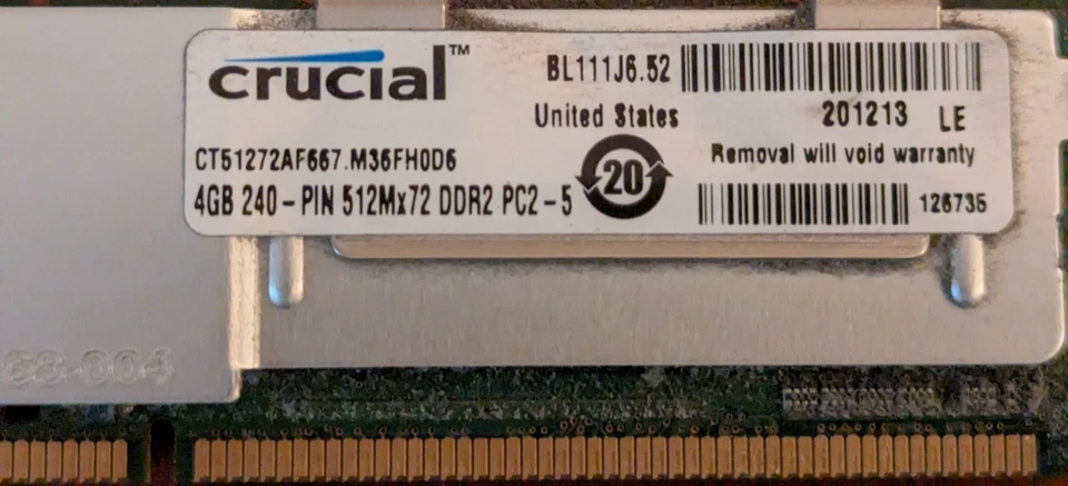 Crucial 8GB (2×4GB) PC2-5300R DDR2-667 ECC Registered RAM –CT51272AF667.M36FH0D6 - Image 2 of 2