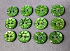 Set of 12 Vintage Small Green Dyed Carved Mother of Pearl Buttons, 3/8" Dia.