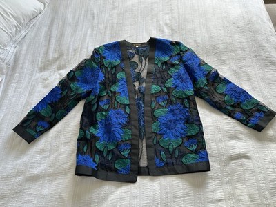 True Vintage 80er Thai Seide schwarz blau grün Blumen blickdicht Jacke Gr. L Retro