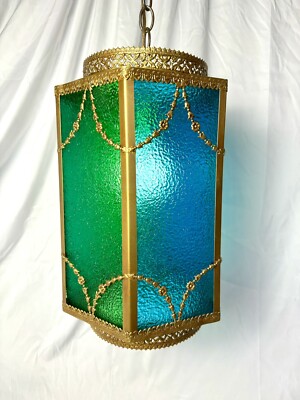 Vintage Gilded Hanging swag Cord Pendant Light Lamp 1950s-60s Teal