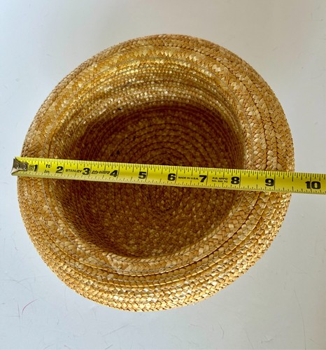 Hat beige/yellow straw round brim bowler S/M black 2" ribbon/bow trim - Picture 9 of 11