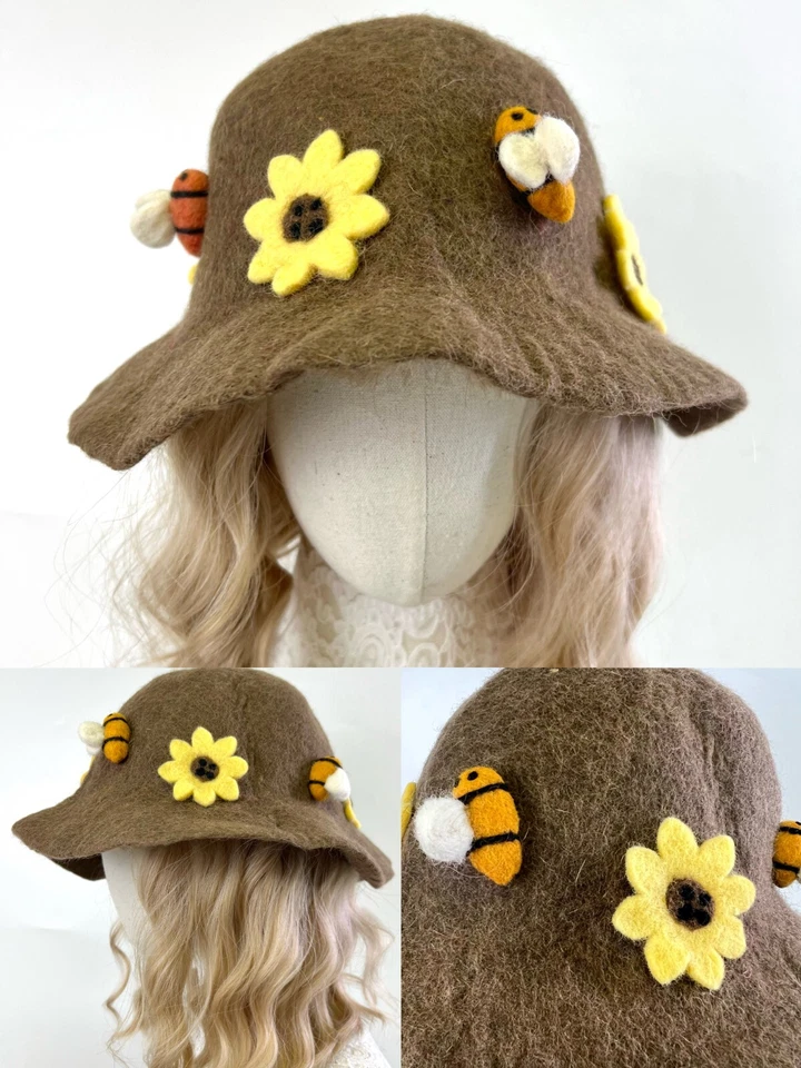 Chapéu balde feminino feito à mão 100% lã feltro lã girassol abelhas presente inverno sistema operacional - Imagem 3 de 4