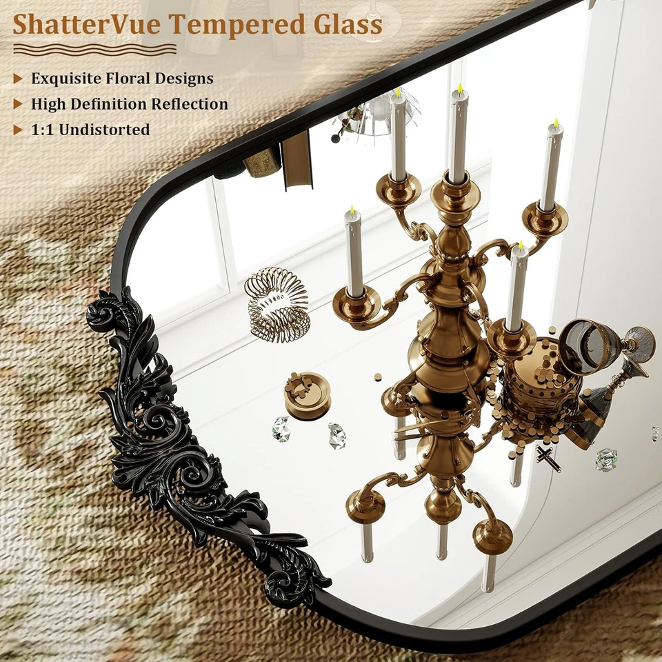 26X38 Arched Mirror, Black Traditional Vintage Ornate Baroque Wall Mirror, Brass - Image 3 of 4