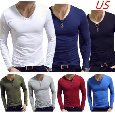 Men Casual Slim Fit T-Shirt Stretch Long-Sleeve Undershirt V-neck Muscle Tops
