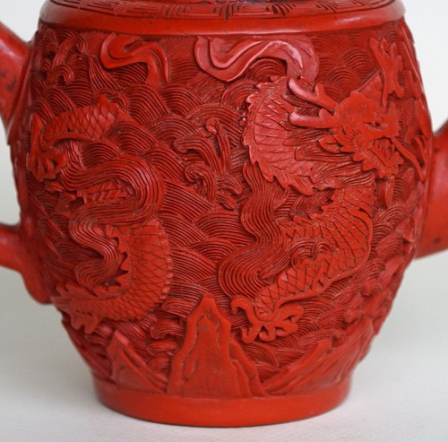 Artículo antiguo ~ Cinabrio real ~ Dragón doble tallado profundo ~ Sobre arcilla Yixing ~ Tetera - Imagen 7 de 11