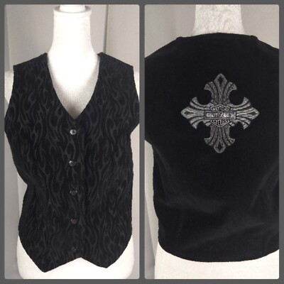 Harley Davidson Vest Womens Small Black Flocked Waistcoat Whimsigoth Cross Flame
