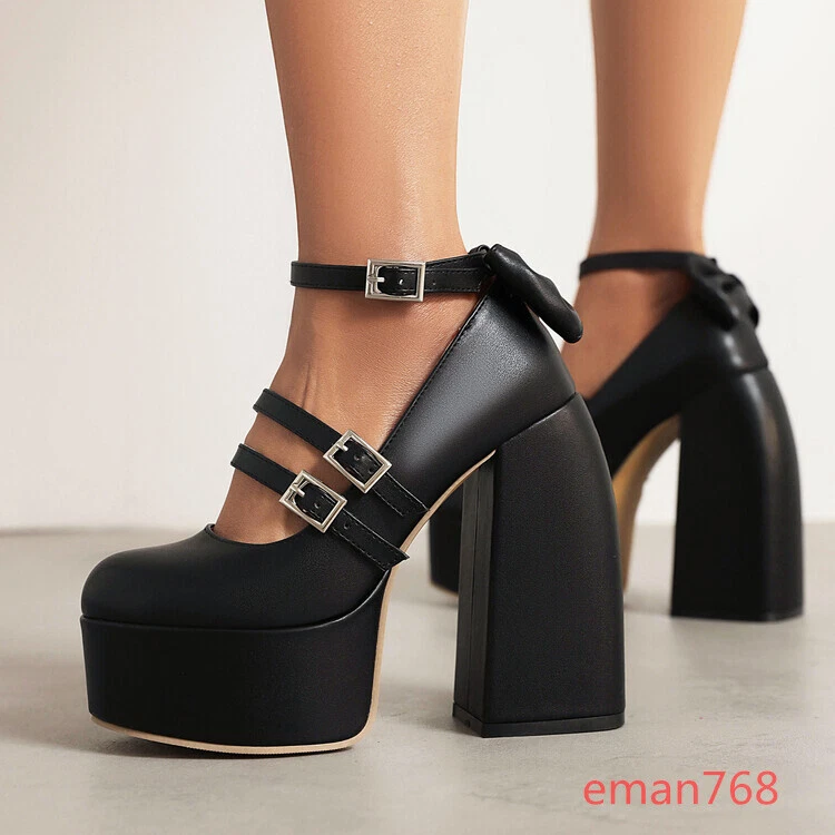 Women Back Bow Multi Strap Buckles Mary Jane Platform Pumps Chunky High  Heels Sz