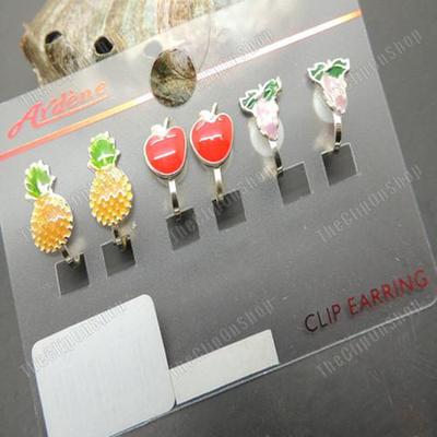 3 Paar CLIP ON OHRRINGE Emaille OBST Apfel ANANAS Trauben SILBERFARBEN rot KITSCH