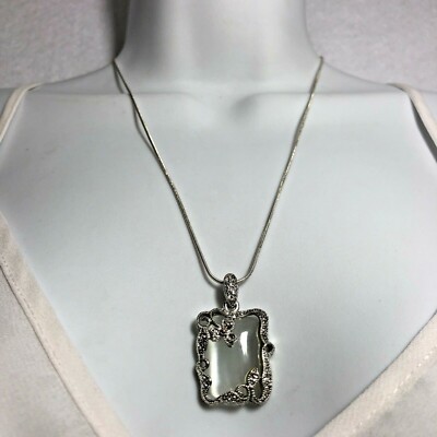 Scroll Pendant Necklace White Rectangle Silver Cord Chain Flower Filigree Frosty