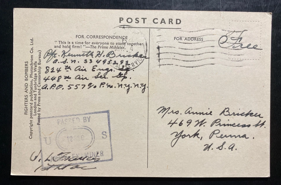 1940s USA Air Force PO 557 Picture Postcard Cover To York PA The Curtis P-40 - Image 2 of 2