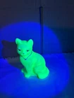 Vintage Fenton burmese Uranium glass cat figure READ glows signed blue collar