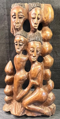 Vintage African Wood Carving Four Faces 14 1/2''T x 7 1/2''L Tribal Free Standing