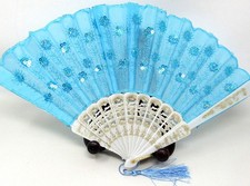 Aqua White Folding Hand Held Fan White Gold Frame Sequins Wedding Party   15cu