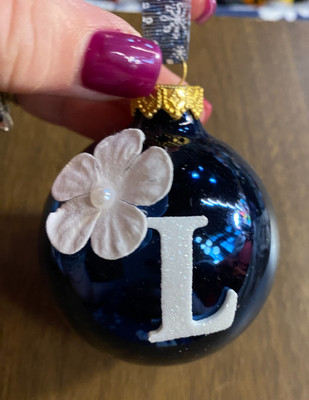 Dark Blue White Monogram Initial Letter L Blown Glass Christmas Ornament 2 1/2''