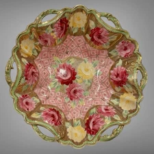 Unmarked Nippon  Ornate Rose Bowl Rare 10” Diameter Beaded Gold