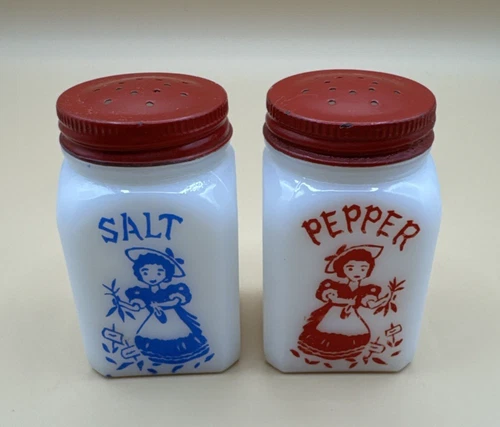 Vintage McKee Tipp City Milk Glass Garden Girl Salt & Pepper Shaker – USA