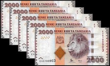 * TANZANIA Lot 5 x 2000 schillings 2015 P 42 b ** UNC ** lion