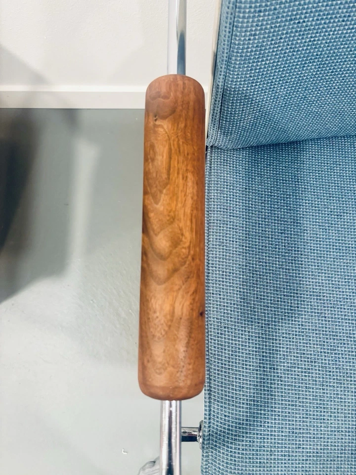 Silla de oficina/invitado vintage rara años 60 azul lana tweed cromo nogal reposabrazos MCM Foto 3 de 4