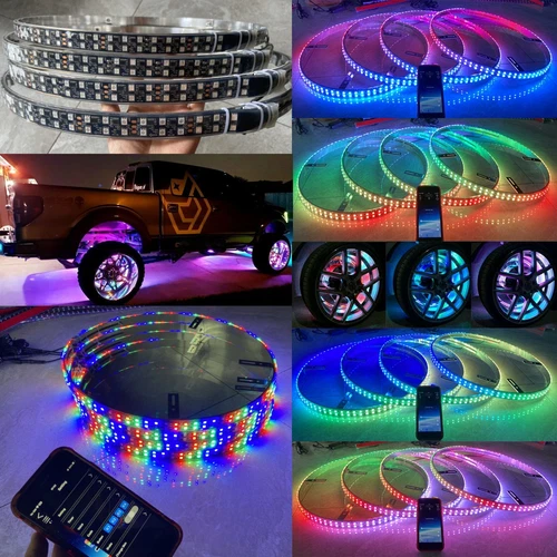 4 pcs 17.5" Chasing & RGB Double Row LED Wheel Ring Light Bluetooth +Remote IP68