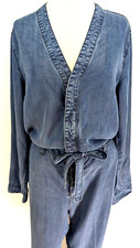 FREE PEOPLE Size 10 Jumpsuit LOU Denim Blue Chambray V-Neck Belt Coveralls EUC 