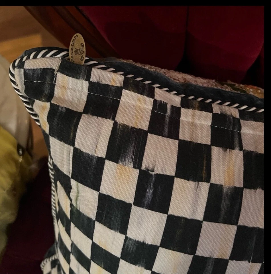 MacKenzie-Childs Scottish Ram Accent Pillow Beaded Flowers B&W Checker Plaid - Image 3 of 4