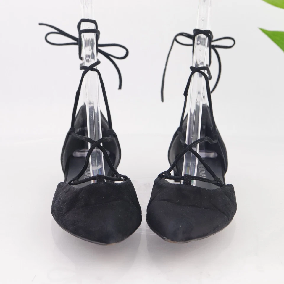 Stuart Weitzman Mujer Gilligan Plano Talla 7 Tobillo Envolvente Corbata Ballet Negro Gamuza Foto 3 de 4