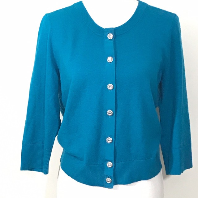 Vince Women Large Medium Teal Blue Cardigan Rhinestone Glass Buttons 3/