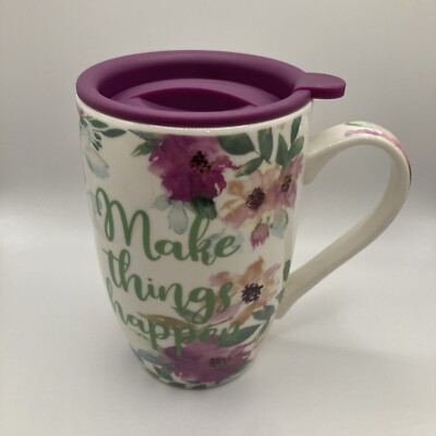 Orly Maison 16oz Floral Design Coffee Mug With Lid VGC 'Make things happen'