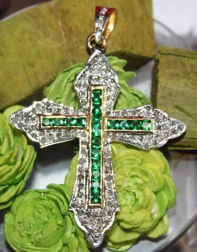 2.10ct Rose Cut Diamond Victorian 925 Sterling Silver Emerald Cross Pendant - Picture 3 of 7