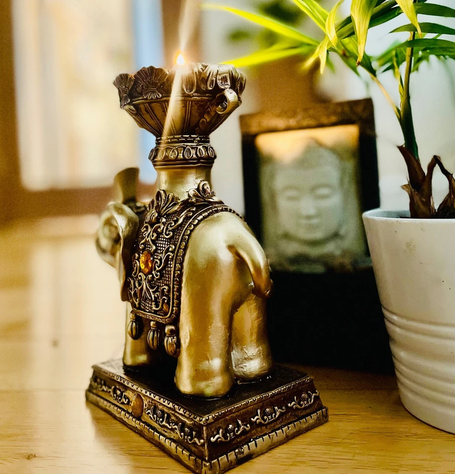 Indian Elephant Candle Holder, Beautiful Ornament Statue Resin Decor Gold - Image 4 of 4