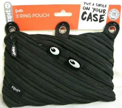 Grillz ZIPIT Monster Pencil Case Black 3 Ring Pouch Bag Made of One Long Zipper