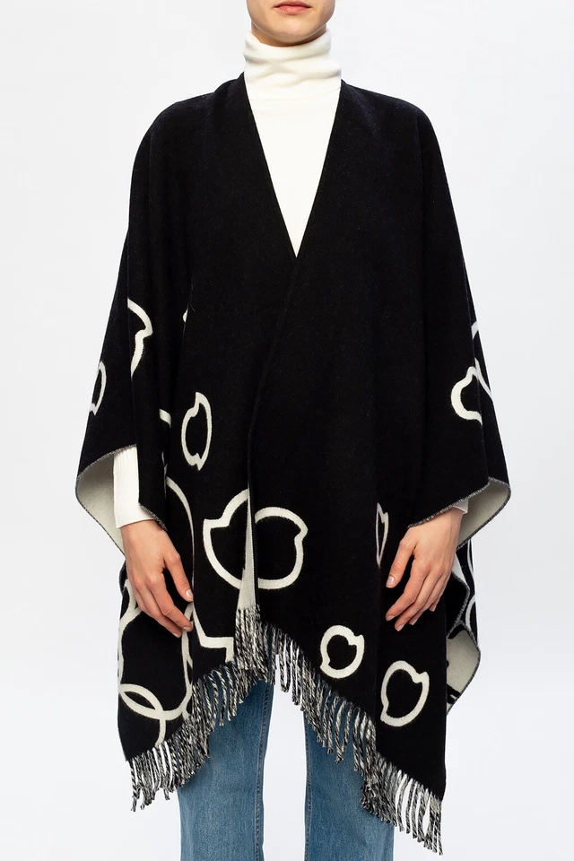 NUEVO Moncler Logo Jacquard Mezcla de Lana Virgen Capa en Negro/Blanco Talla Única #S7173 Foto 4 de 4