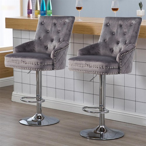 Upholstered Velvet Bar Stools Kitchen Stool Swivel Gas Lift Counter Dining Chair - Picture 3 of 16