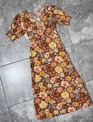 BILLABONG Salty Blonde Bronze Hello There Floral Maxi Dress Cotton Puff Sleeve L - Picture 13 of 24
