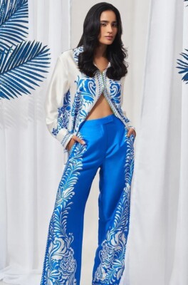 Zara Satin Floral Print High Waist Trousers Blue White Size XS M