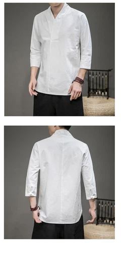 Men's Summer Cotton Linen Short Sleeve Tops V Neck Chinese T-Shirt Ancient Hanfu - Bild 10 von 21