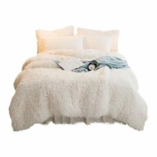 Luxury Faux Fur Duvet Cover Set Shaggy Plush Crystal Velvet Queen Light Beige