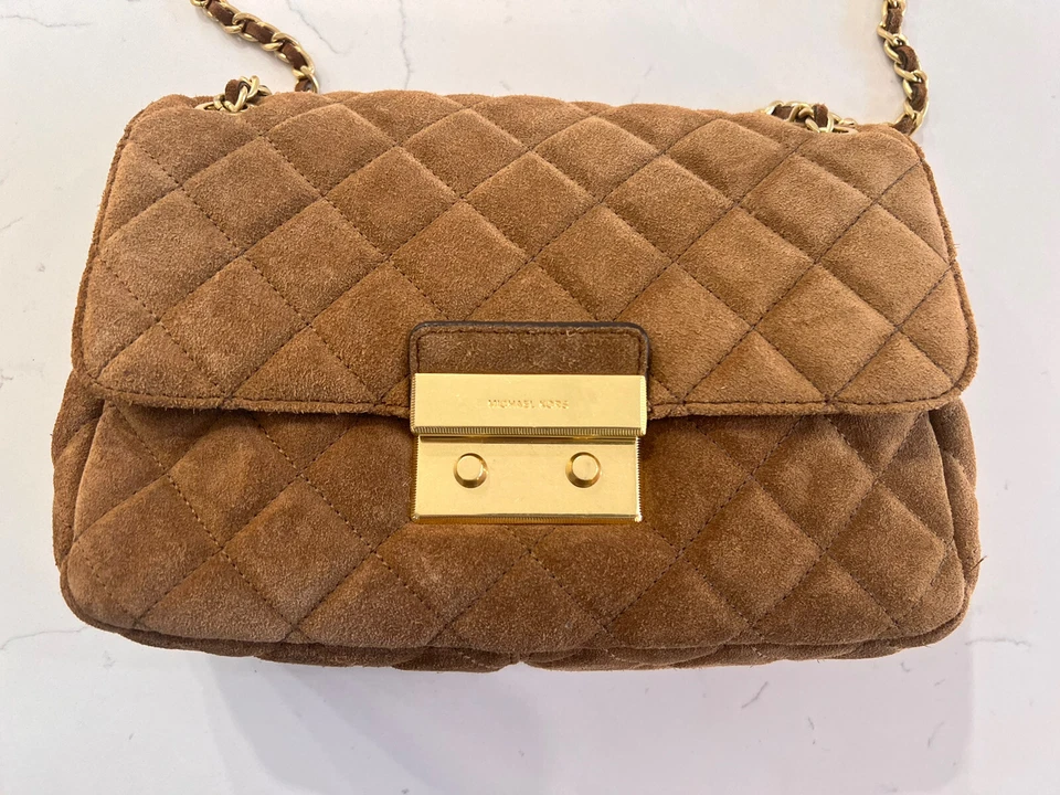 Bolso de hombro Michael Kors marrón camel gamuza grande Sloan acolchado cuero cadena Foto 3 de 4