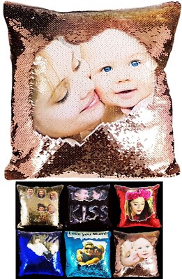 Personalisierter Kissenbezug Foto Pailletten Bedruckt Magic Reveal Meerjungfrau Geschenk Neu
