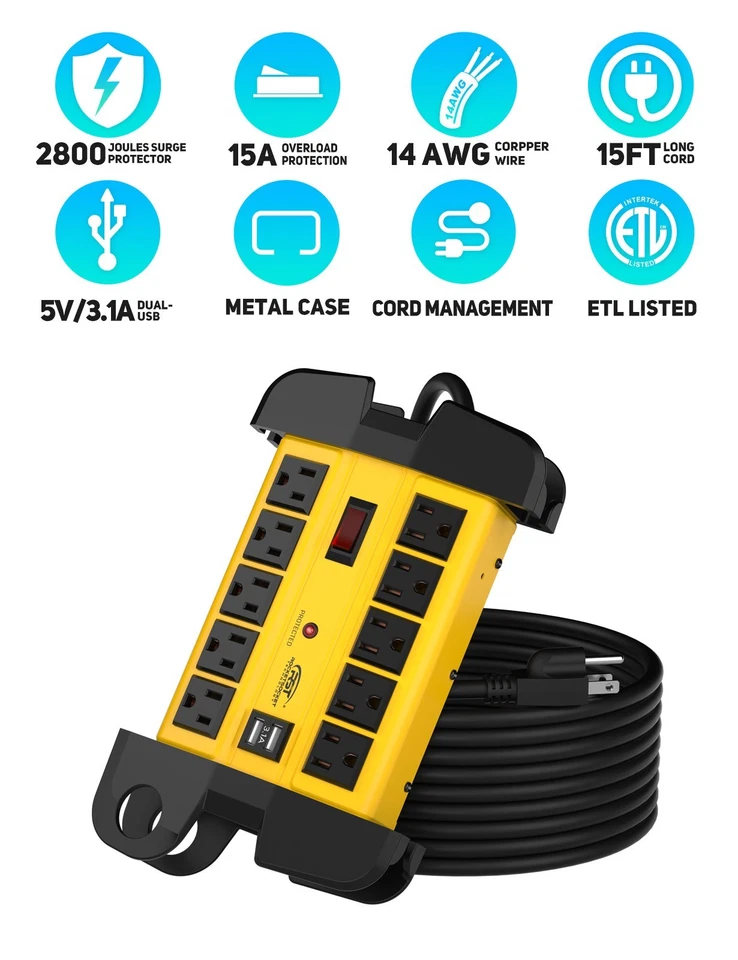 10 Outlets 2800J Power Outlet with 2USB Charging Port, 15ft Extension Power Cord - Image 3 of 4